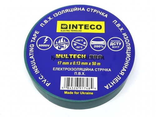 Ізолента ПВХ Inteco, зелена 50 м 17x0.13 мм фото 1 Ізолента ПВХ Inteco, зелена 50 м 17x0.13 мм фото 1